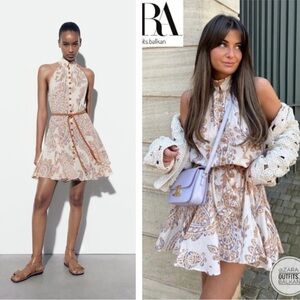 Zara Cream and Brown Paisley Mini Dress Size Small